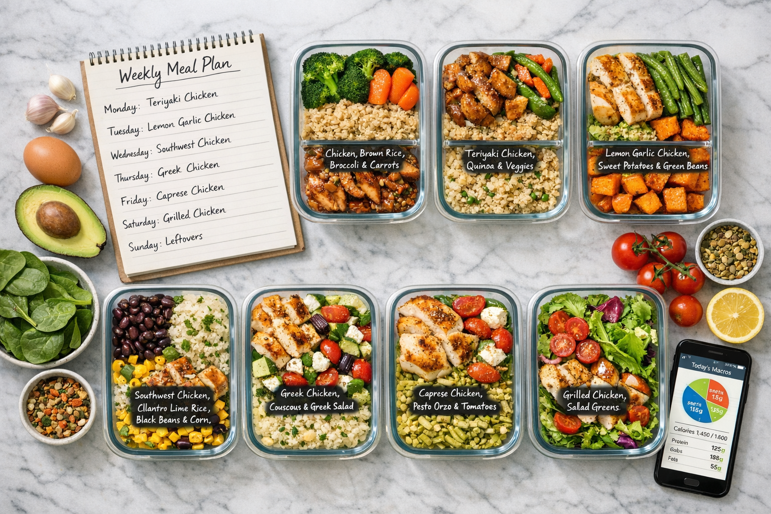Healthy meals in meal prep containers with shopping list and smartphone on kitchen counter