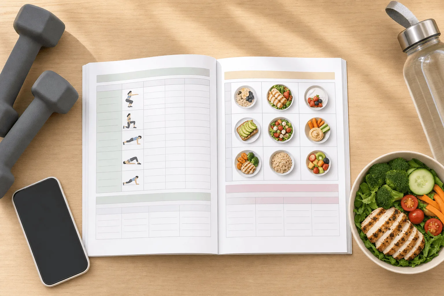 Open planner showing a 7-day workout and meal plan, next to dumbbells, a water bottle, a phone and a healthy grilled-chicken salad bowl on a wooden table