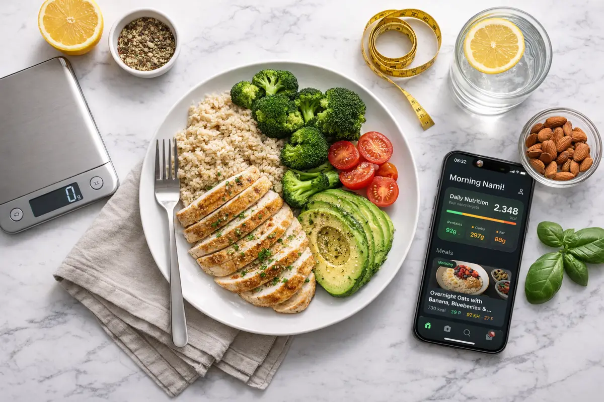 Balanced meal plate with smartphone calorie calculator and kitchen scale on white countertop